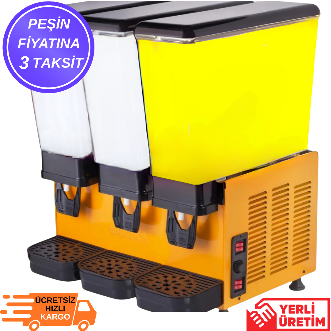 Şerbetmatik Üçlü Limonata ve Ayran Makinesi – 3×20 Litre Fıskiye + Karıştırıcılı (40 Litre Ayran + 20 Litre Limonata)