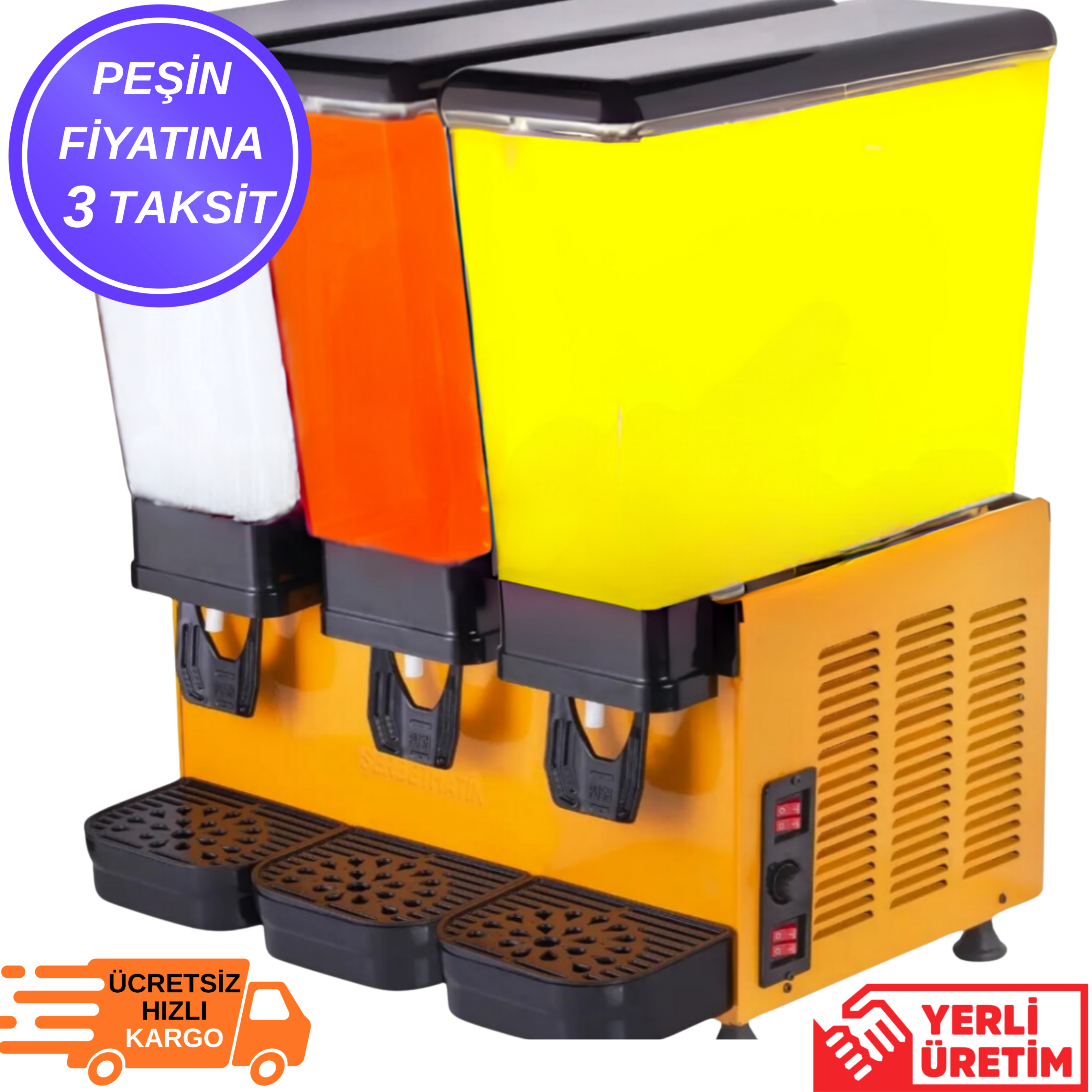 Şerbetmatik Üçlü Limonata ve Ayran Makinesi – 3×20 Litre Fıskiyeli + Karıştırıcı (20 Litre Ayran + 40 Litre Limonata)