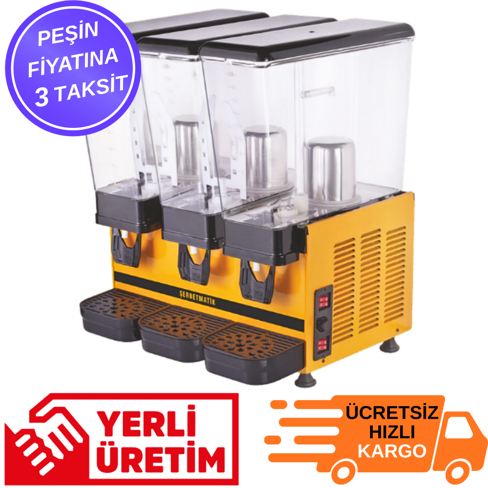 Şerbetmatik Üçlü Limonata ve Ayran Makinesi – 3×20 Litre Fıskiye + Karıştırıcılı (40 Litre Ayran + 20 Litre Limonata)