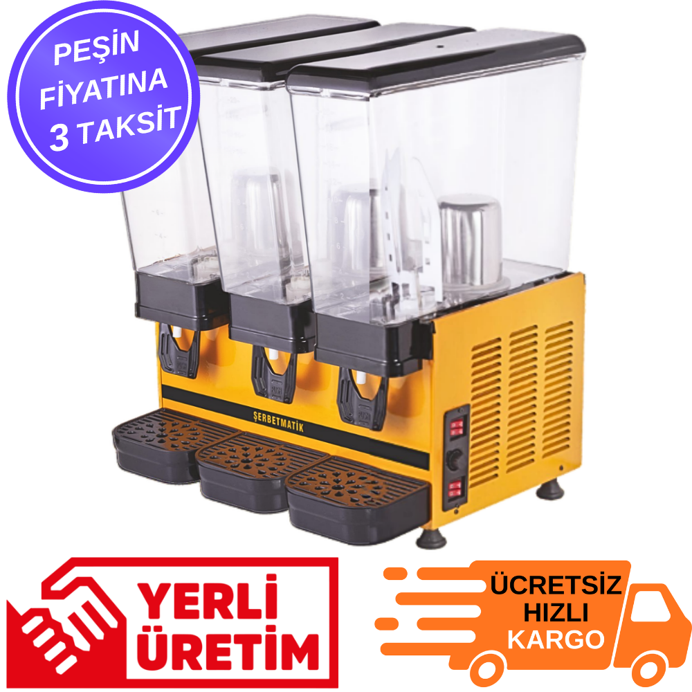 Şerbetmatik Üçlü Limonata ve Ayran Makinesi – 3×20 Litre Fıskiyeli + Karıştırıcı (20 Litre Ayran + 40 Litre Limonata)